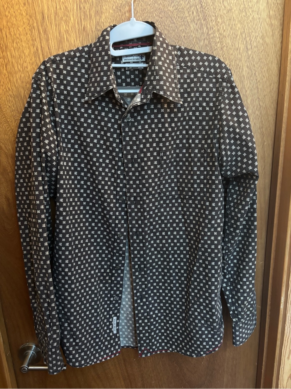 Patterned Long Sleeve Button-Up Shirt — Brown with White Squares